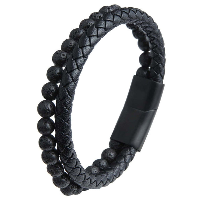 Pulseira masculina de couro e pedras naturais com fecho magnético